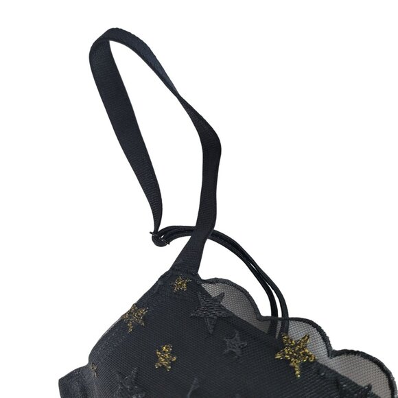Victoria's Secret Lined Demi Bra Black 36C Lace Gold Stars Mesh Wing Plunge - Picture 4 of 11